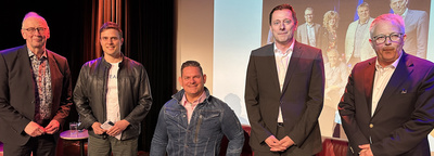 (v.l.) Pastor Frank Morgenstern, Constantin Schreiber, Florian Sitzmann, Norbert Philipp Vorstandssprecher der Volksbank Wilhelmshaven (er führte durch den Abend), Prof. Dr. Here Folkerts 