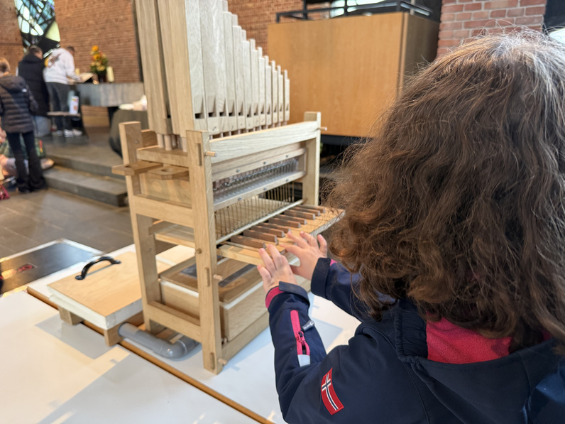 Von hinten sieht man einen jungen Menschen. Vor ihm oder ihr steht eine Miniaturorgel aus Holz.