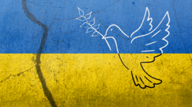 Symbolbild einer Friedenstaube in den Landesfarben der Ukraine.
