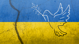 Symbolbild einer Friedenstaube in den Landesfarben der Ukraine.
