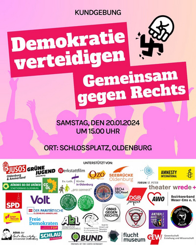Aufruf zur Kundgebung gegen Rechtsextremismus in Oldenburg am 20. Januar 2024 in Oldenburg. Grafik: Bündnis gegen Rechtsextremismus in Oldenburg
