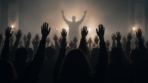 Themenbild: „Sekten“ und Weltanschauungsfragen Eine Menschenmenge steht in einem dunklen, dunstigen Raum und hebt die Hände in Richtung einer zentralen Person, die mit erhobenen Armen vor ihnen steht.