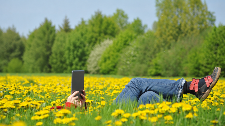 In einer Blumenwiese liegt ein Mensch auf dem Rücken. Die Person hält ein Tablet in der Hand.