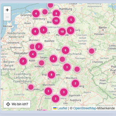 Screenshot der interaktiven Karte mit dem aktuellen Stand der registrierten Feierorte
