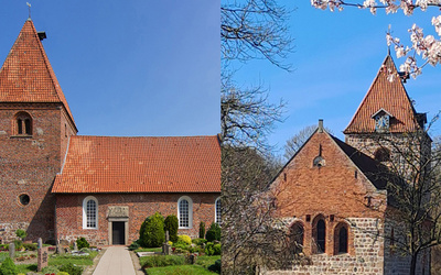 Zu sehen sind links die St.-Ansgari-Kirche in Kirchhatten und rechts die St.-Firminus-Kirche in Dötlingen (rechts)