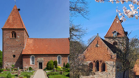 Zu sehen sind links die St.-Ansgari-Kirche in Kirchhatten und rechts die St.-Firminus-Kirche in Dötlingen (rechts)