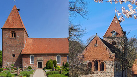 Zu sehen sind links die St.-Ansgari-Kirche in Kirchhatten und rechts die St.-Firminus-Kirche in Dötlingen (rechts)