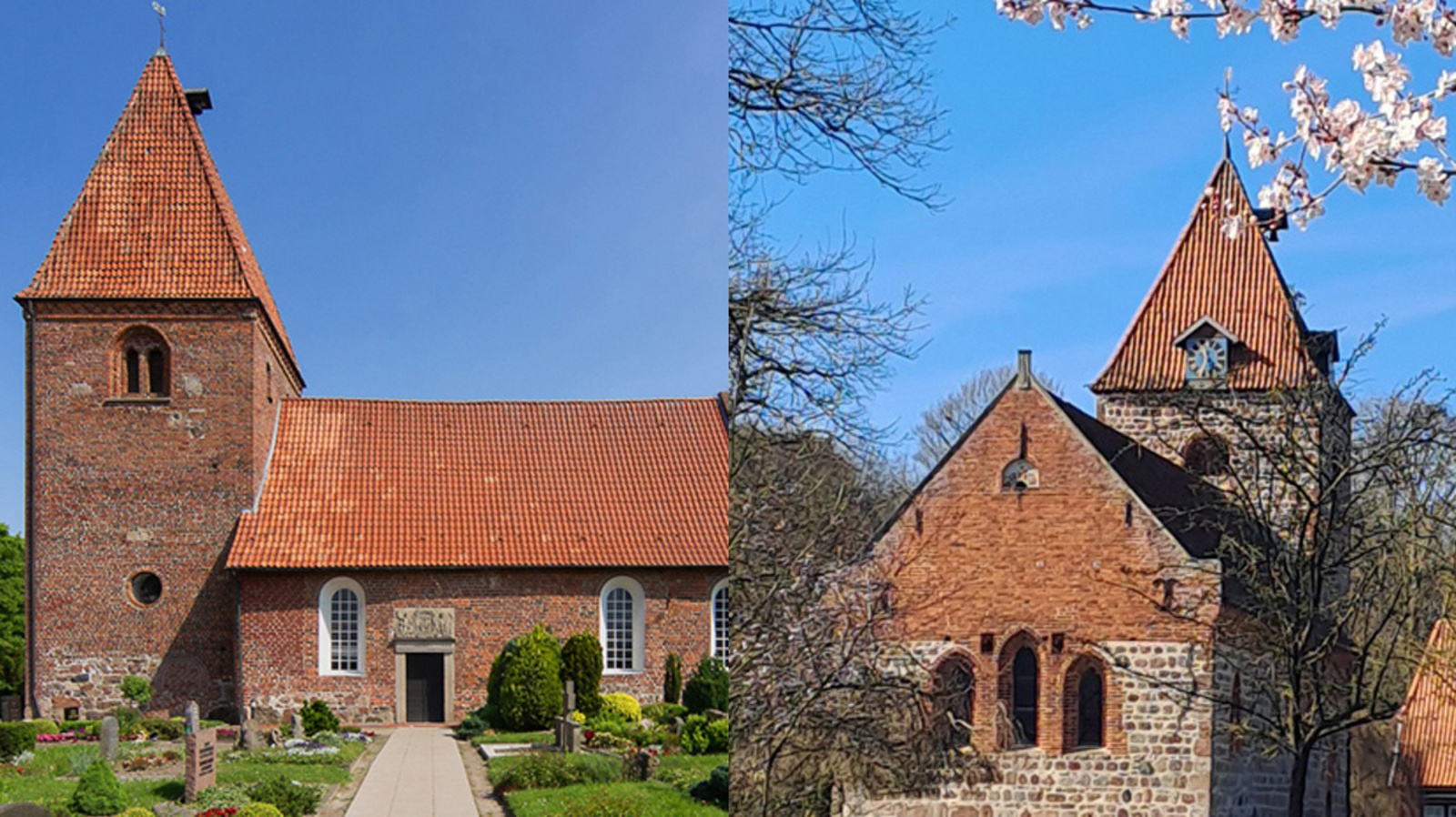 Zu sehen sind links die St.-Ansgari-Kirche in Kirchhatten und rechts die St.-Firminus-Kirche in Dötlingen (rechts)