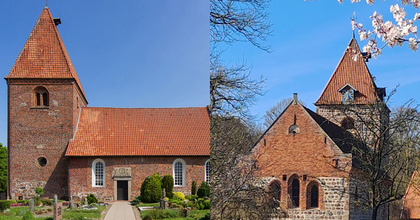 Zu sehen sind links die St.-Ansgari-Kirche in Kirchhatten und rechts die St.-Firminus-Kirche in Dötlingen (rechts)