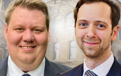 Am Samstag, 20. September, wählen die Synodalen der Evangelisch-Lutherischen Kirche in Oldenburg auf ihrer 4. außerordentlichen Tagung neue Mitglieder des Oberkirchenrates. Oberkirchenrat Hauke Smoor (links) kandidiert für das Amt eines neuen nichttheologischen Mitglieds des Oberkirchenrates für den Bereich Recht und Oberkirchenrat Sebastian Groß (rechts) kandidiert für das Amt eines nichttheologischen Mitglieds des Oberkirchenrates für den Bereich Finanzen.
